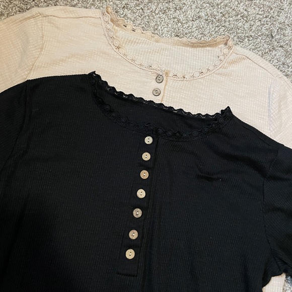 Women’s Ribbed Henley Style Shirts with lace trim neckline - Picture 2 of 4